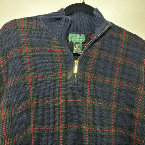 Lauren Ralph Lauren Men Sweater Blue Plaid 1/4 Zip Cotton Size L - Picture 3 of 8